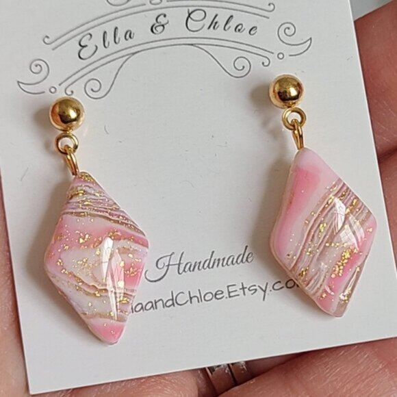Boho Gold Ball Resin Pink Agate Gemstone Inspired Diamond Drop Dangle Earrings - Picture 3 of 6